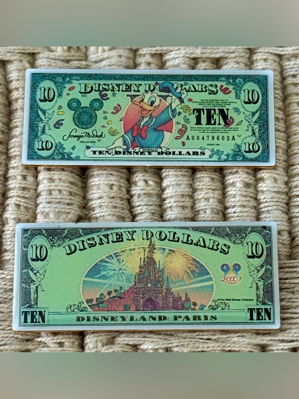 DISNEY 2000 $10 Donald Duck & Disneyland Paris Castle Disney Dollars Pin Set